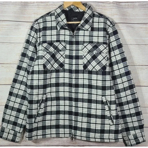 Tavik Flannel Full Zip Shacket Men's Size Large Black White Plaid Pockets - Picture 1 of 6